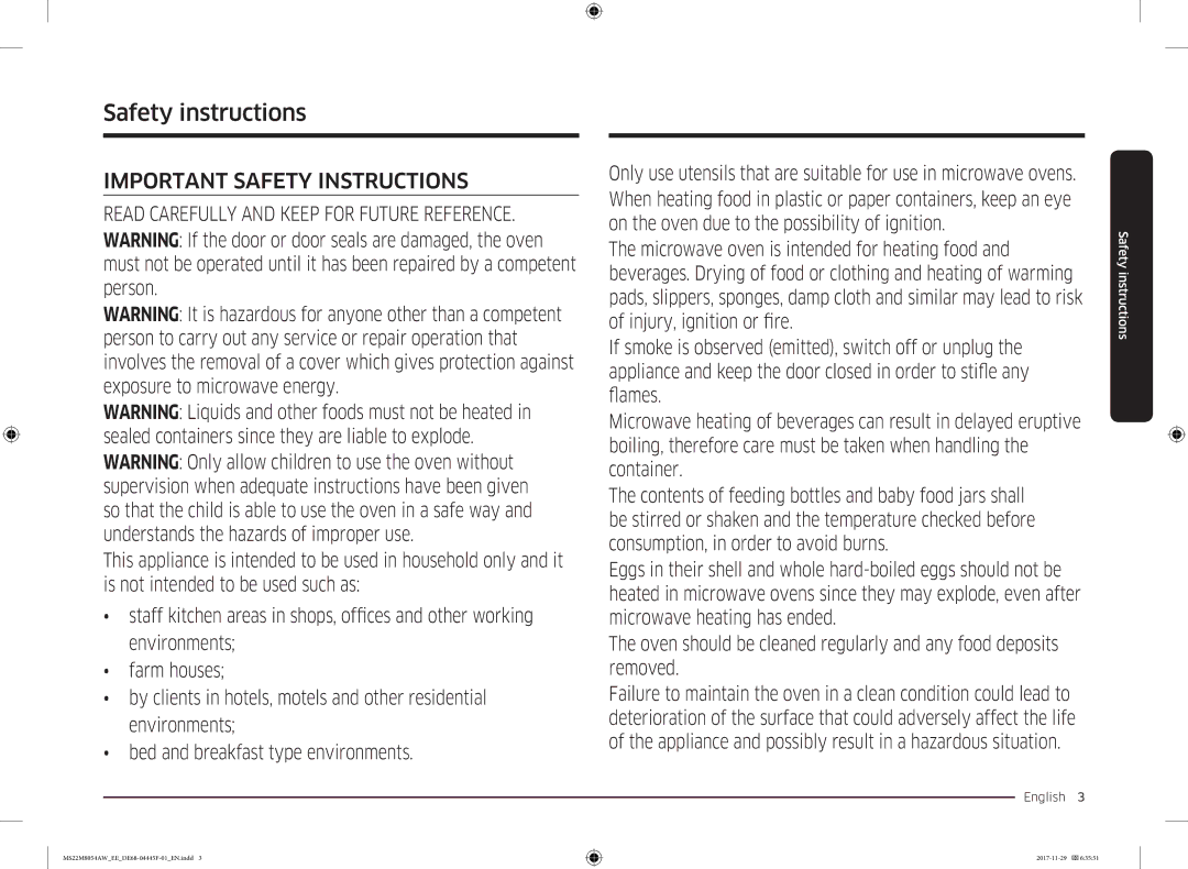 Samsung MS22M8054AK/EE, MS22M8054AW/EE manual Safety instructions, English  